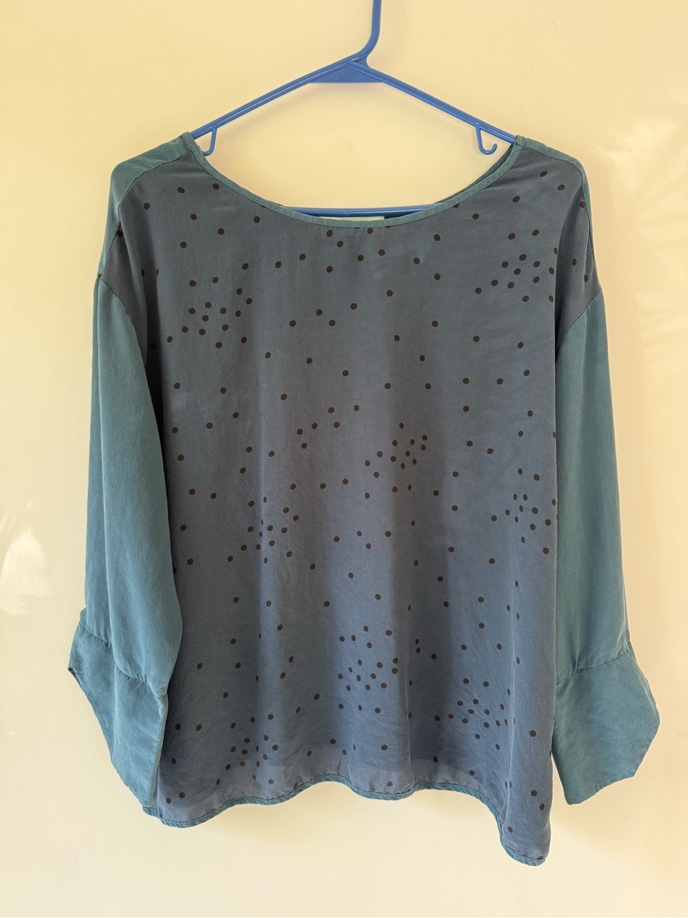 Geren Ford 100% Silk Polka Dot Blouse Blue Black Oversized Long Sleeve L